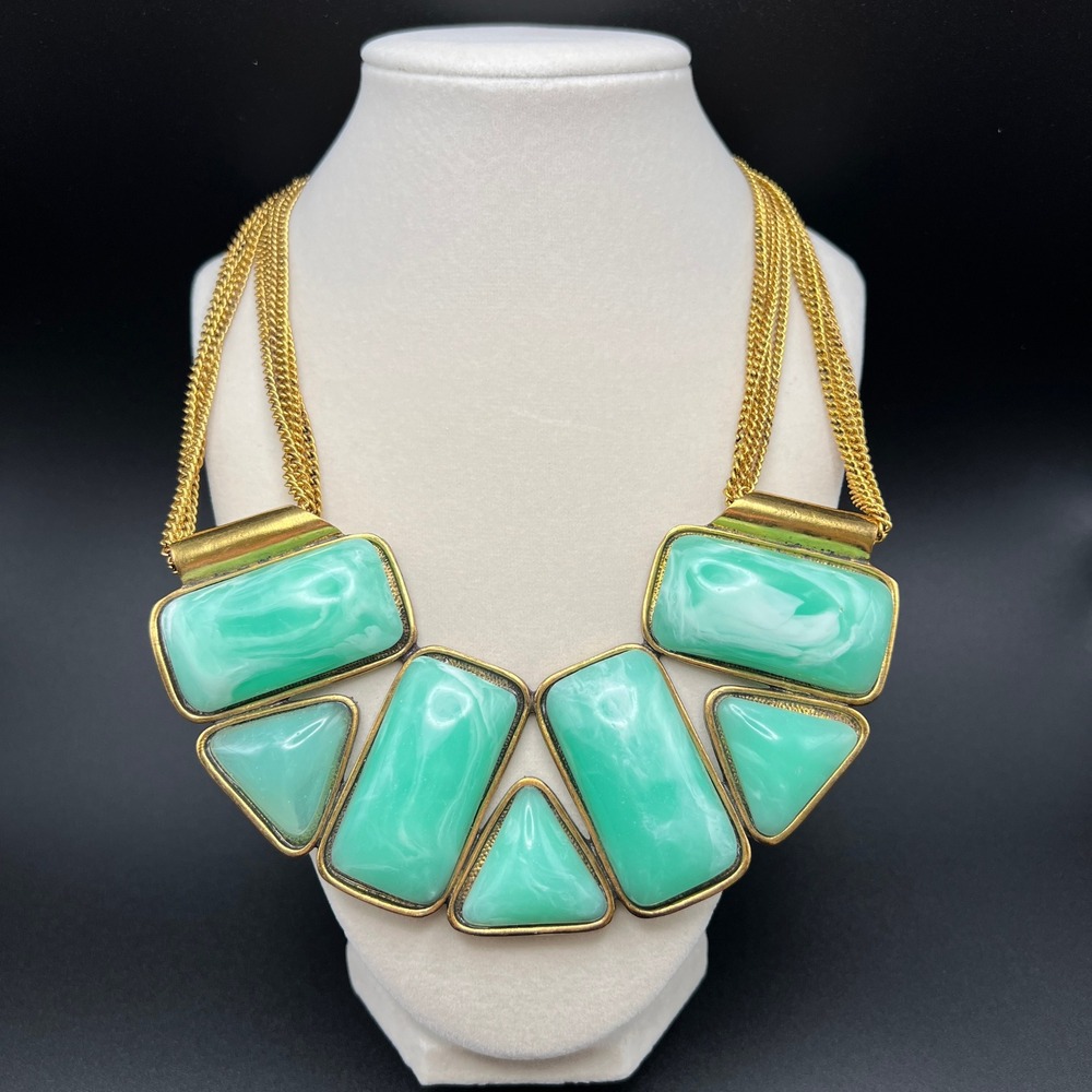VTG Amrita Singh Statement Necklace Green Gold Chunky Geometric Marbled‎ Resin